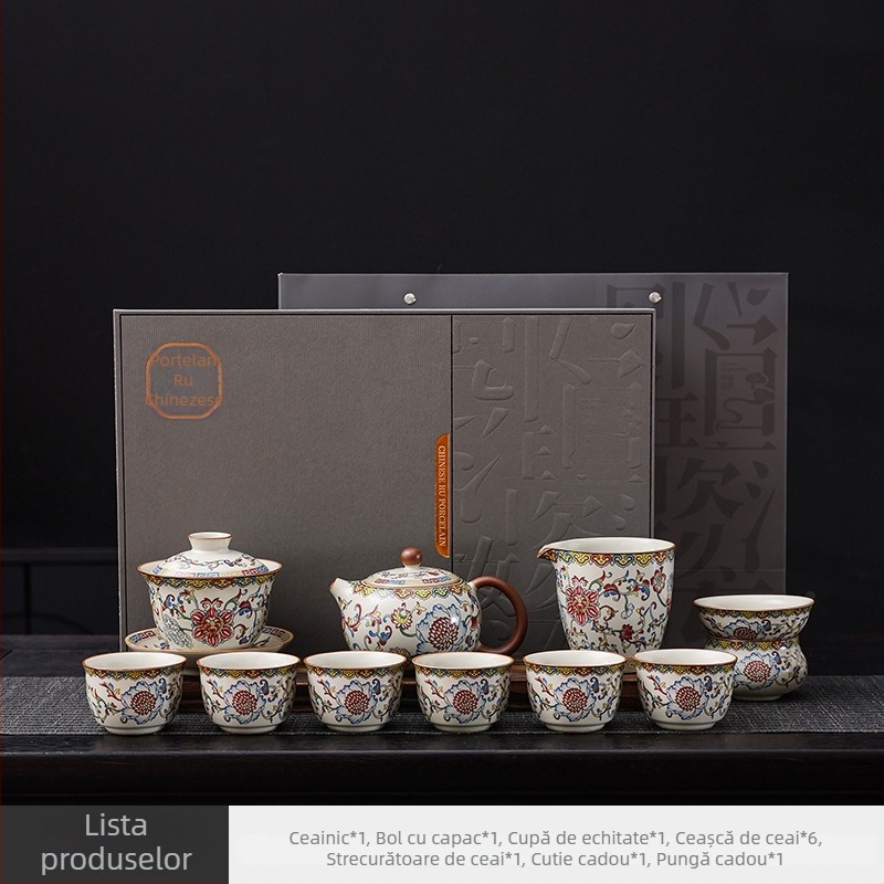 2025 Set ceai ceramic în cutie cadou, model lotus, ceainic unic, finisaj glazură peste glazură, stil retro luxos