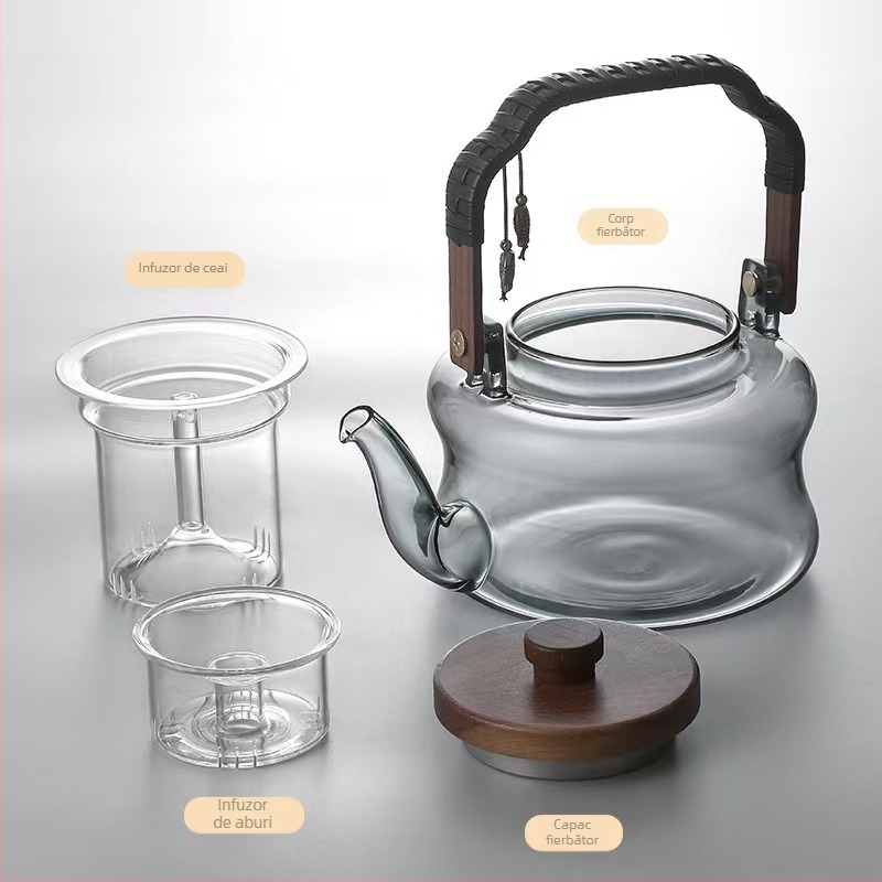 Set ceainic din sticlă borosilicat de înaltă calitate, cu mâner — ceainic pentru aburire și fierbere, toate într-un singur set