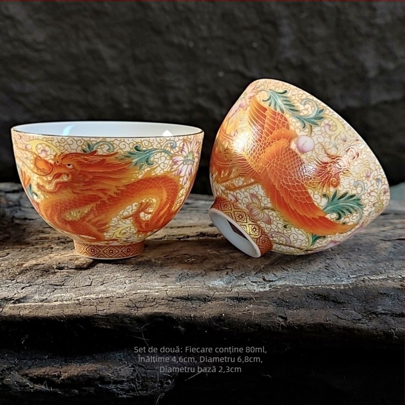 Ceainic emailat în stil Palat Chinezesc, set ceramic Kung Fu de ceai, cu ceainic și cești
