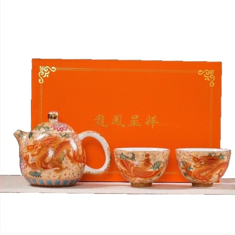 Ceainic emailat în stil Palat Chinezesc, set ceramic Kung Fu de ceai, cu ceainic și cești
