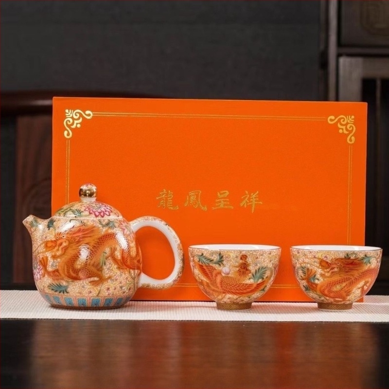 Ceainic emailat în stil Palat Chinezesc, set ceramic Kung Fu de ceai, cu ceainic și cești