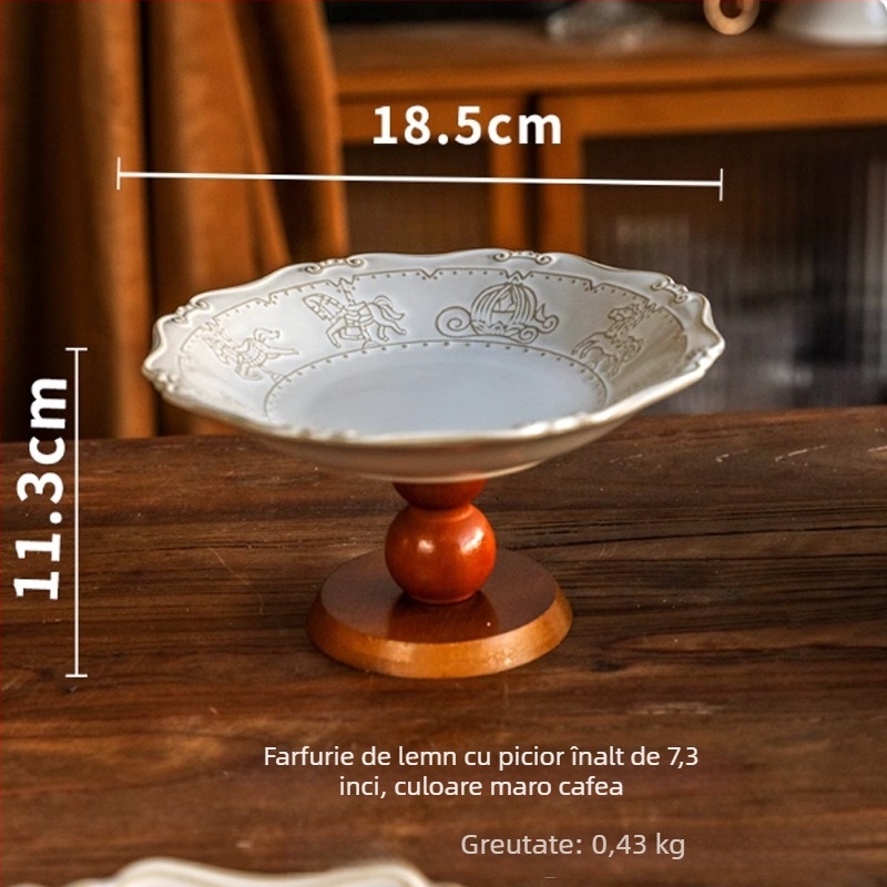 Farfurie retro din porțelan pe suport, motiv în relief cu fructe, farfurie pentru deserturi și patiserie pentru ceaiul de după-amiază.
