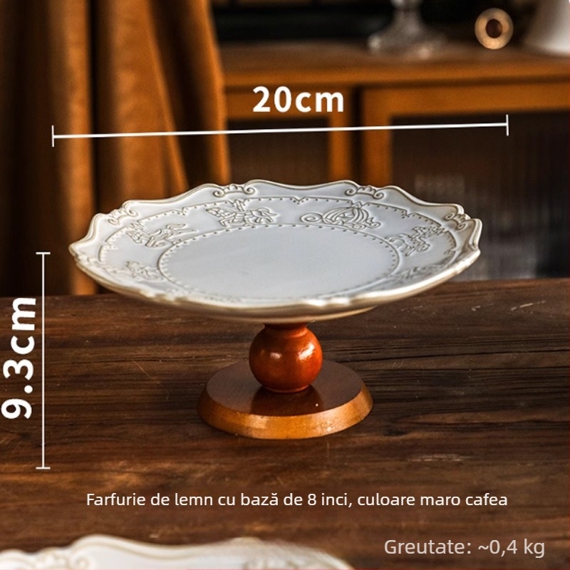 Farfurie retro din porțelan pe suport, motiv în relief cu fructe, farfurie pentru deserturi și patiserie pentru ceaiul de după-amiază.