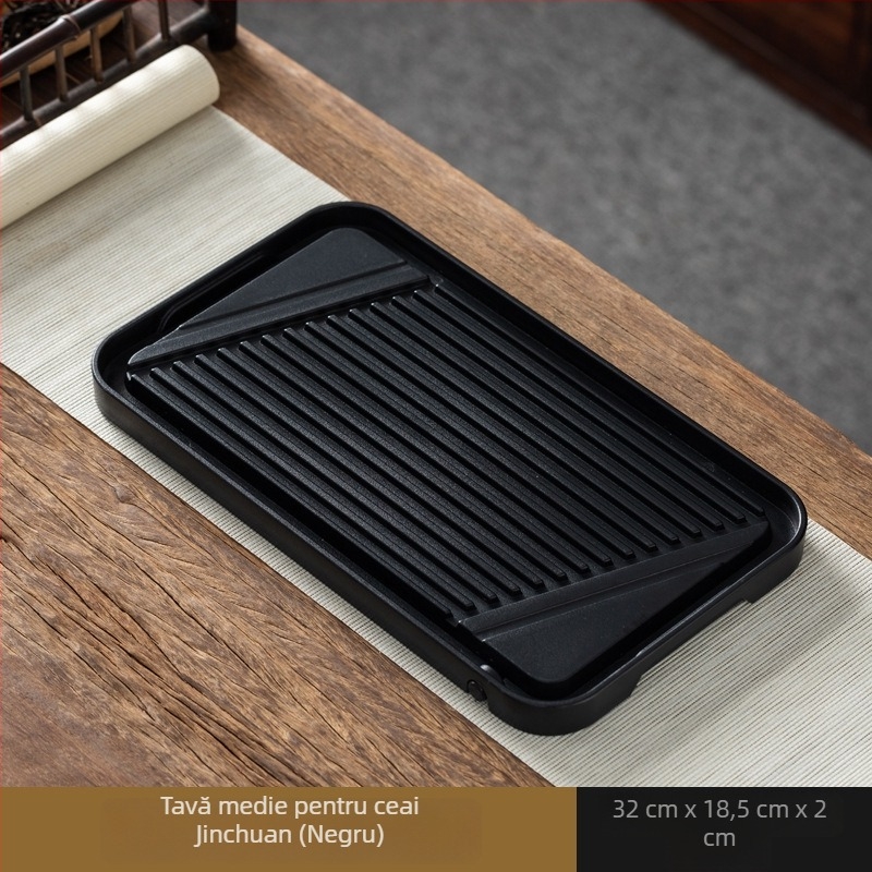 Tavă Gongfu pentru ceai cu set, platformă pentru infuzare uscată, piatră imitație negru-auriu, masă de ceai compactă pentru casă cu tavă de drenaj