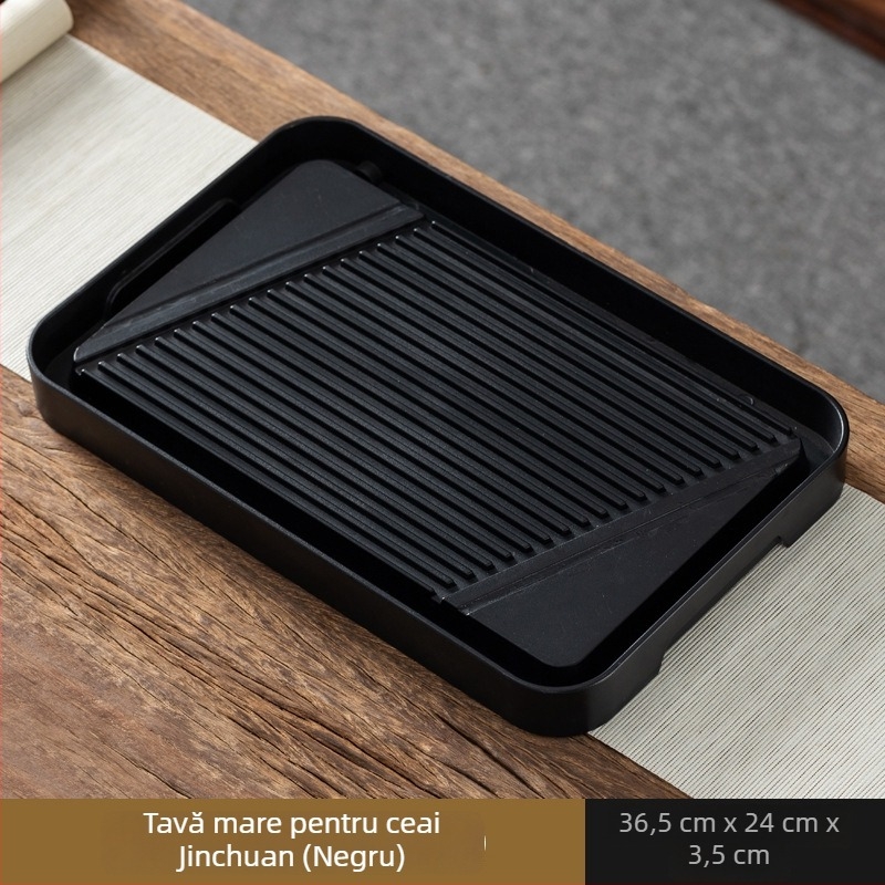 Tavă Gongfu pentru ceai cu set, platformă pentru infuzare uscată, piatră imitație negru-auriu, masă de ceai compactă pentru casă cu tavă de drenaj
