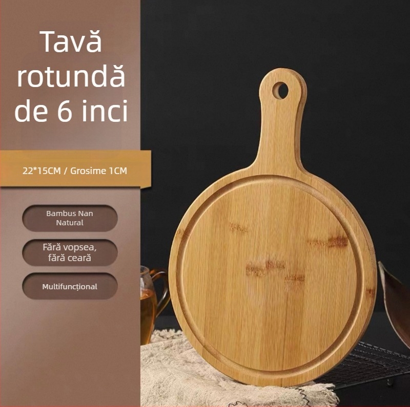 Placă din bambus pentru pizza și platou de servire – rotund și pătrat, pentru pâine și prăjituri, farfurie multifuncțională, potrivită pentru cuptor cu microunde