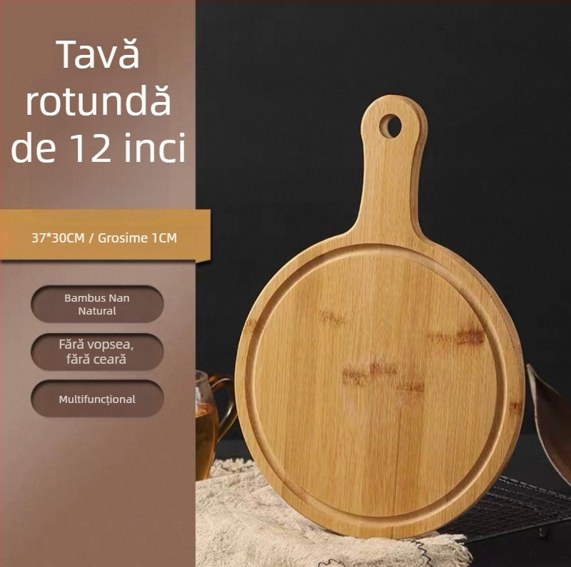 Placă din bambus pentru pizza și platou de servire – rotund și pătrat, pentru pâine și prăjituri, farfurie multifuncțională, potrivită pentru cuptor cu microunde