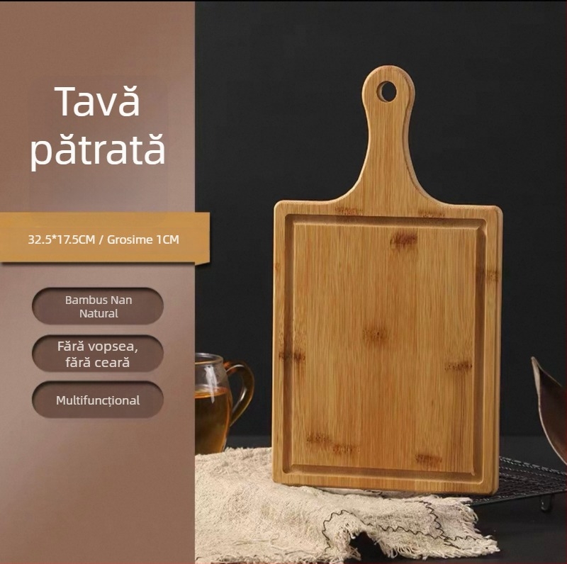 Placă din bambus pentru pizza și platou de servire – rotund și pătrat, pentru pâine și prăjituri, farfurie multifuncțională, potrivită pentru cuptor cu microunde