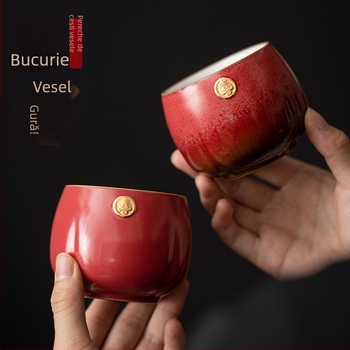 Ceșuță de ceai roșie cu simbolul Fericirii Dublate, ceramică mare, aurit manual, cadou pentru cupluri la nuntă