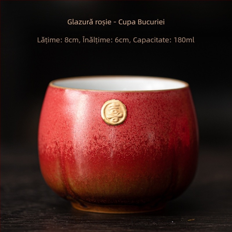 Ceșuță de ceai roșie cu simbolul Fericirii Dublate, ceramică mare, aurit manual, cadou pentru cupluri la nuntă