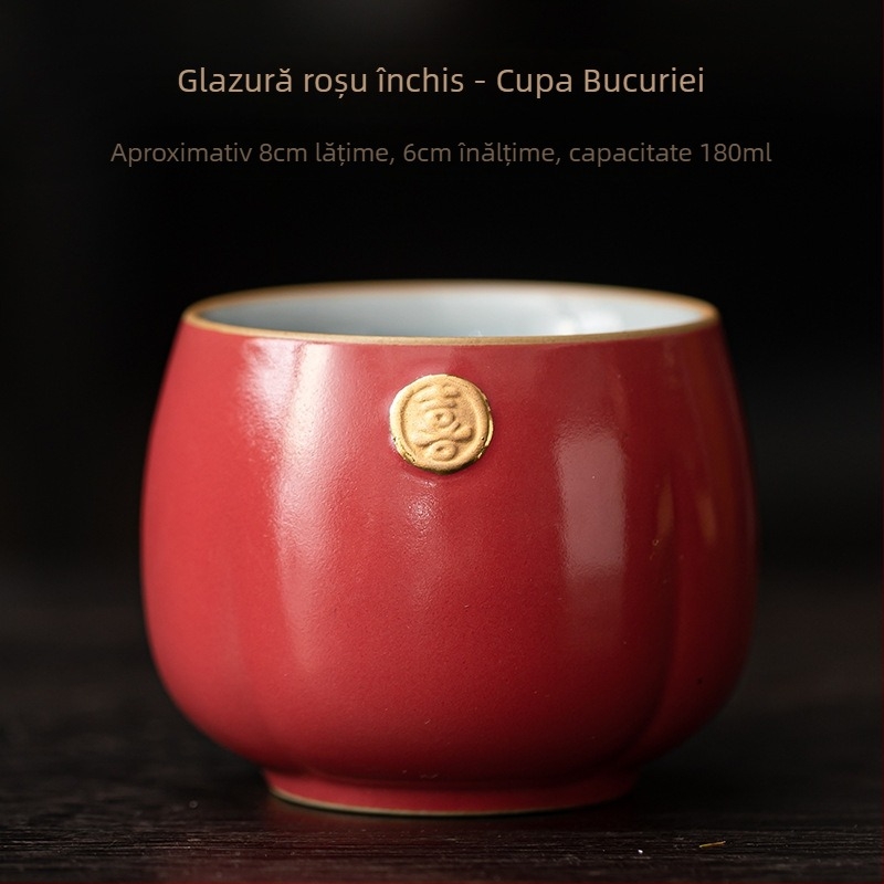 Ceșuță de ceai roșie cu simbolul Fericirii Dublate, ceramică mare, aurit manual, cadou pentru cupluri la nuntă