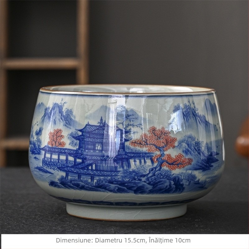 Jingdezhen porțelan albastru sub glazură, vas ceramic mare pentru ceai și recipient pentru resturi de ceai