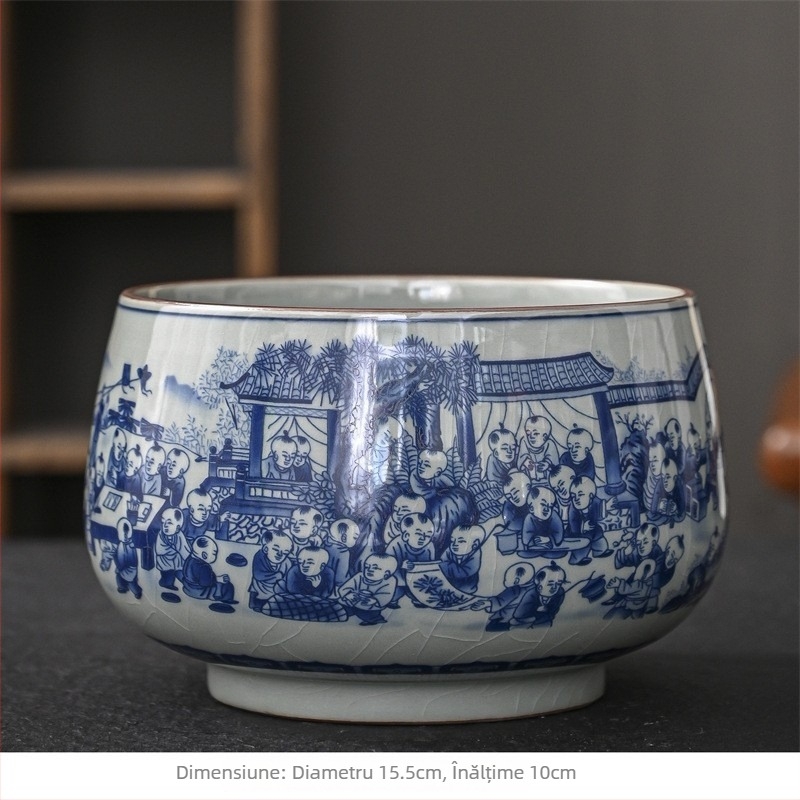 Jingdezhen porțelan albastru sub glazură, vas ceramic mare pentru ceai și recipient pentru resturi de ceai