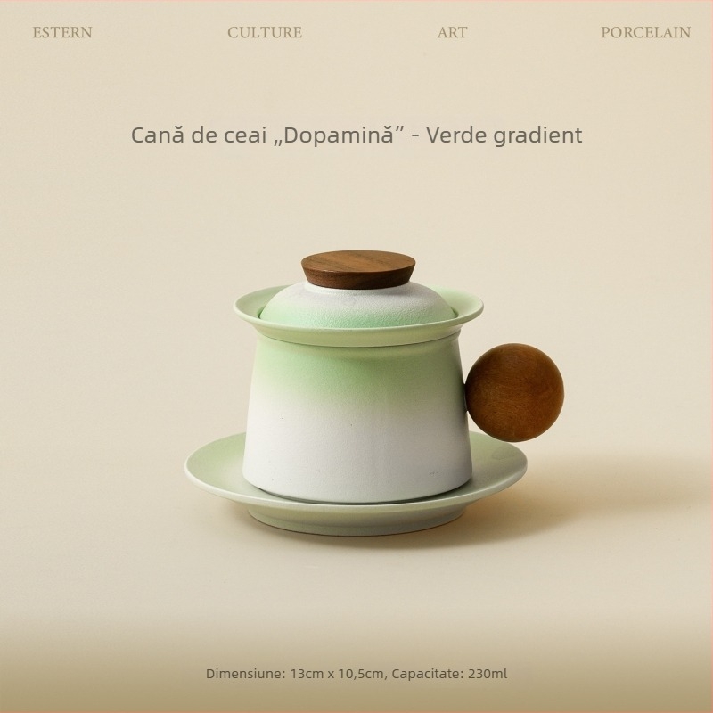 Ceașcă rustică din porțelan pentru ceai și cafea, cu capac, mâner din lemn și filtru – ceașcă premium pentru ceai și cafea
