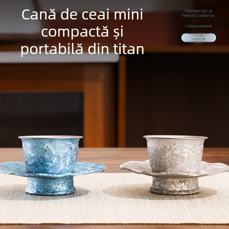 Set de ceai din titan pur, dublu strat, cu model cu flori de gheață și crăpături, pentru exterior, portabil, elegant stil luxos, cadou de ceai