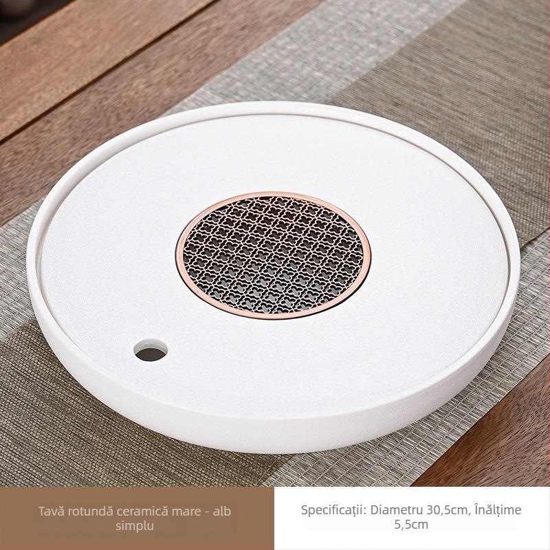 Tavă ceramică rotundă pentru ceai, cu drenaj și rezervor de apă