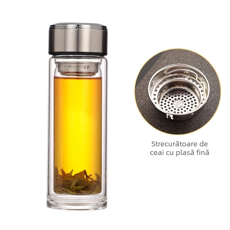 Pahar de ceai din sticlă borosilicat, cu pereți dubli, izolat, transparent, îngroșat, cadou pentru birou