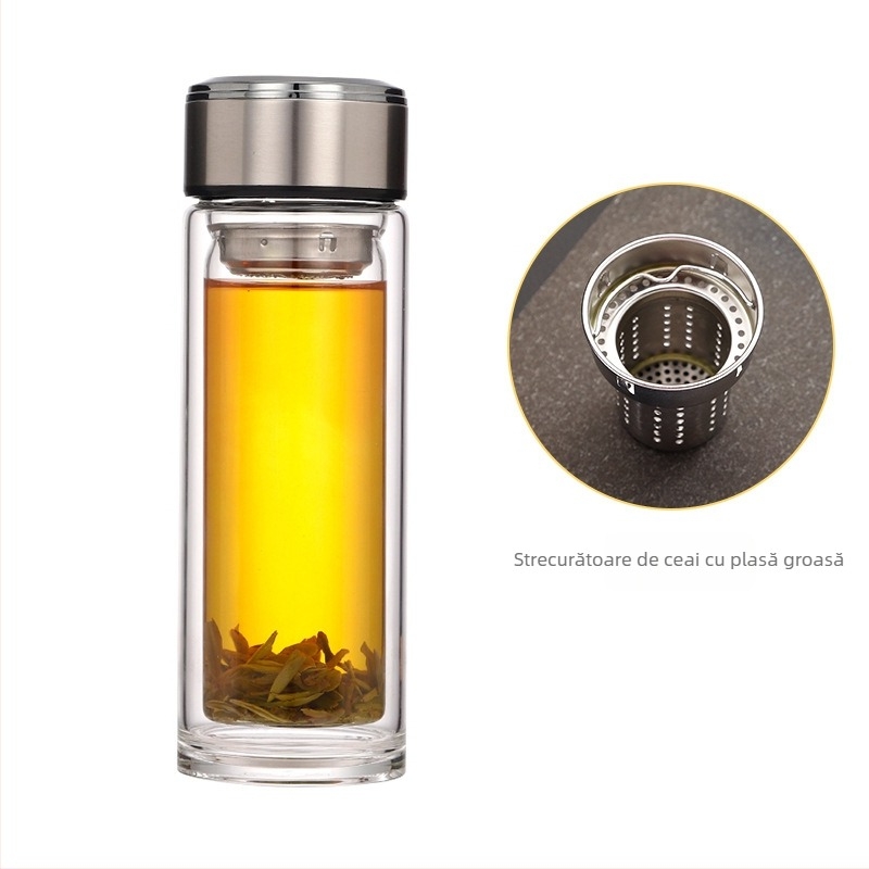 Pahar de ceai din sticlă borosilicat, cu pereți dubli, izolat, transparent, îngroșat, cadou pentru birou