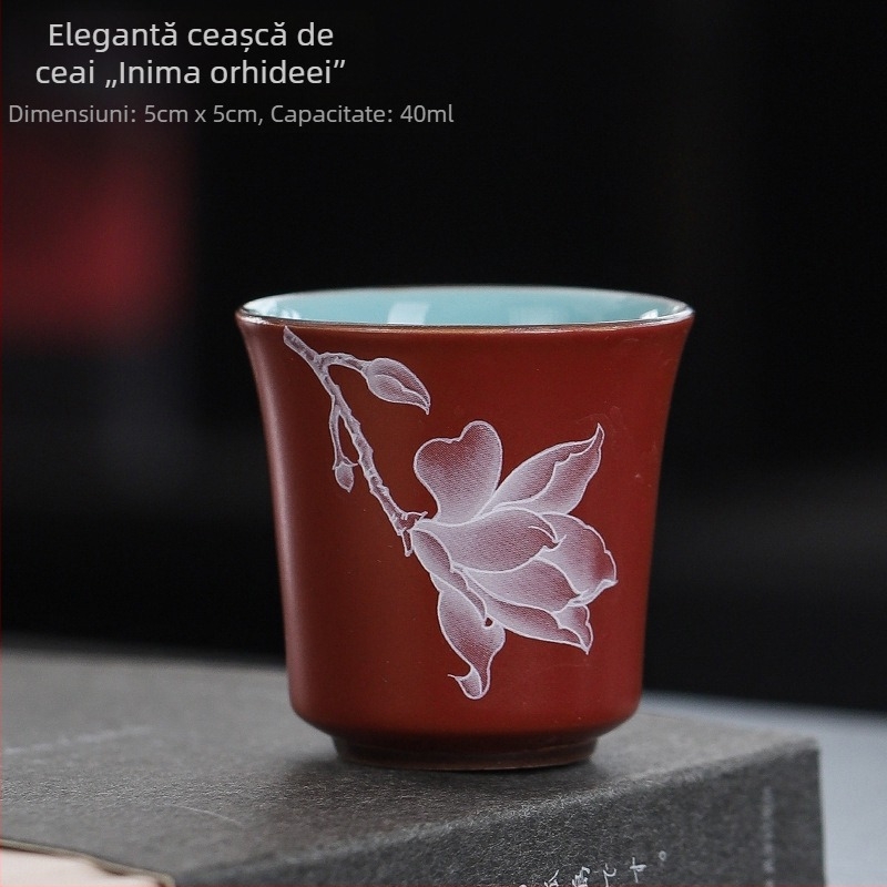 Ceșcă de ceai ceramică cu motiv bujor, stil Tang, glazură dublă, unisex