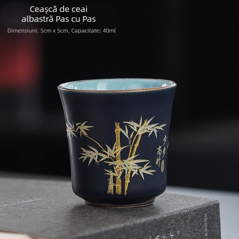 Ceșcă de ceai ceramică cu motiv bujor, stil Tang, glazură dublă, unisex