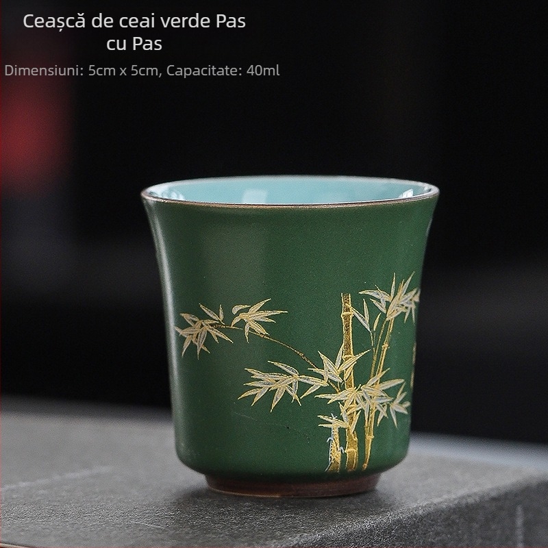 Ceșcă de ceai ceramică cu motiv bujor, stil Tang, glazură dublă, unisex