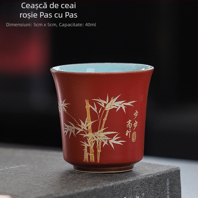 Ceșcă de ceai ceramică cu motiv bujor, stil Tang, glazură dublă, unisex