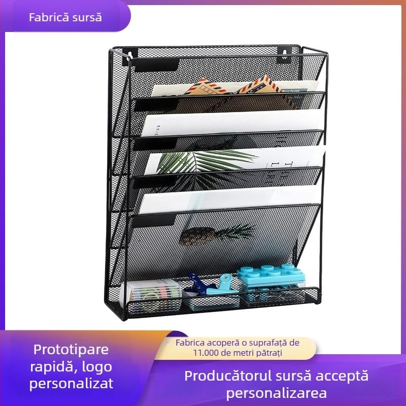 Raft metal pentru fișiere, montat pe perete, cu suport pentru ziare și reviste