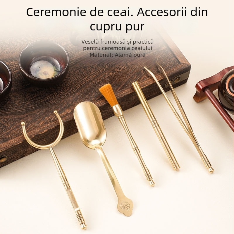 Set de ceai din alamă cu Șase Domni, clemă pentru ceai, linguriță, ceainic și accesorii pentru ceremonia ceaiului
