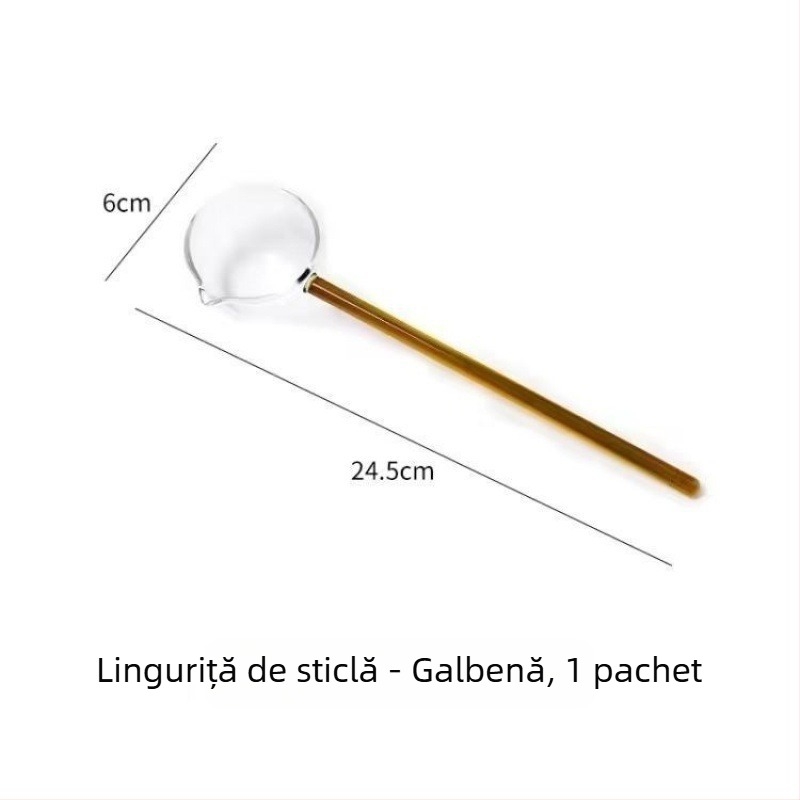 Lingură din sticlă borosilicată transparentă, cu mâner lung, colorată — lingură elegantă pentru desert, ceai și condimente.