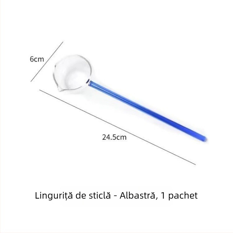 Lingură din sticlă borosilicată transparentă, cu mâner lung, colorată — lingură elegantă pentru desert, ceai și condimente.