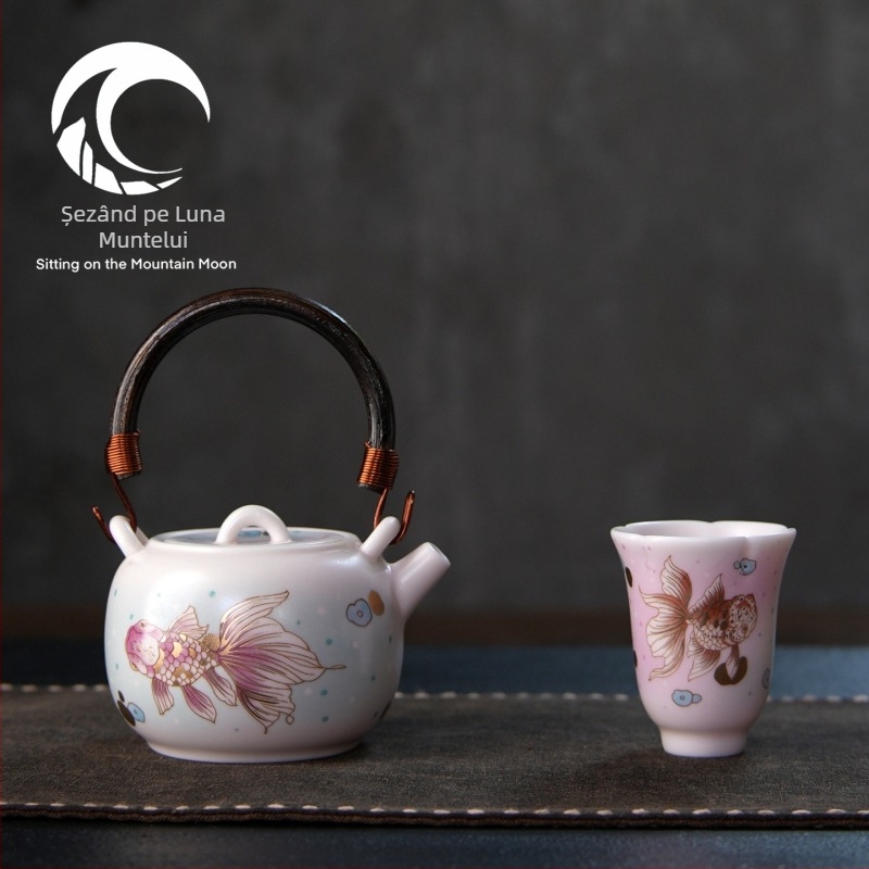 Ceainic Ruyao cu mâner, pentru uz casnic, capacitate mare, plită ceramică electrică, set de ceai Kung Fu, pentru infuzare ceai, design cu pește mic auriu