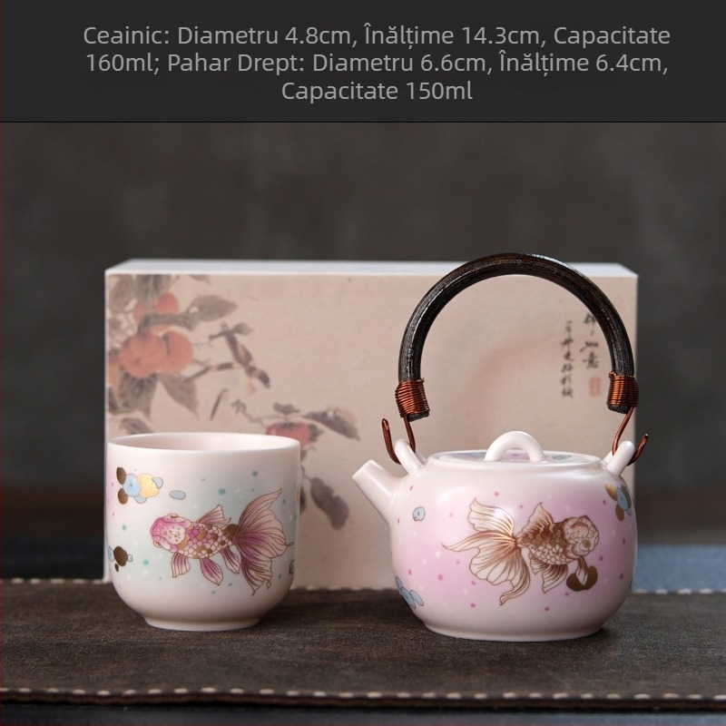 Ceainic Ruyao cu mâner, pentru uz casnic, capacitate mare, plită ceramică electrică, set de ceai Kung Fu, pentru infuzare ceai, design cu pește mic auriu