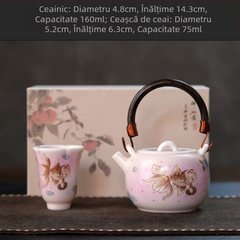 Ceainic Ruyao cu mâner, pentru uz casnic, capacitate mare, plită ceramică electrică, set de ceai Kung Fu, pentru infuzare ceai, design cu pește mic auriu
