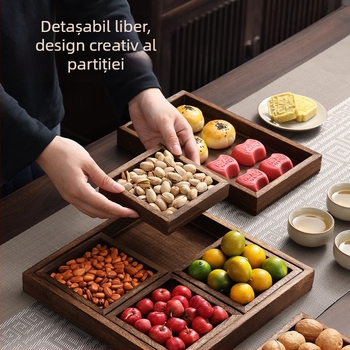 Tavă din lemn pentru ceai, cu mai multe compartimente pentru prepararea ceaiului, fructe uscate și gustări de după-amiază, stil chinezesc