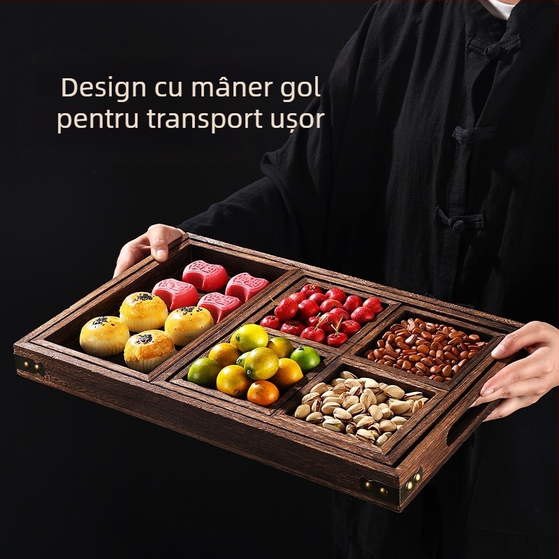 Tavă din lemn pentru ceai, cu mai multe compartimente pentru prepararea ceaiului, fructe uscate și gustări de după-amiază, stil chinezesc
