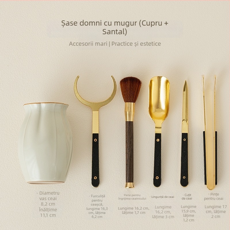Set de ustensile pentru ceai din lemn de abanos, de înaltă calitate, cu șase căni din bronz, furculițe și lingurițe de ceai pentru ceremonia ceaiului
