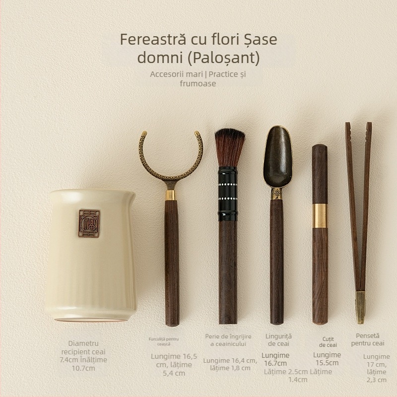 Set de ustensile pentru ceai din lemn de abanos, de înaltă calitate, cu șase căni din bronz, furculițe și lingurițe de ceai pentru ceremonia ceaiului