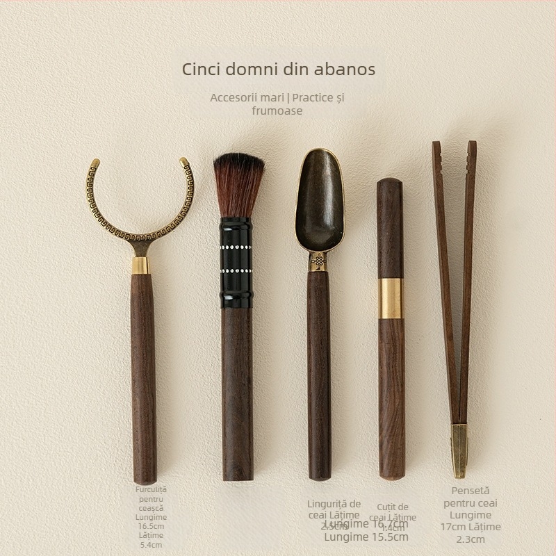 Set de ustensile pentru ceai din lemn de abanos, de înaltă calitate, cu șase căni din bronz, furculițe și lingurițe de ceai pentru ceremonia ceaiului
