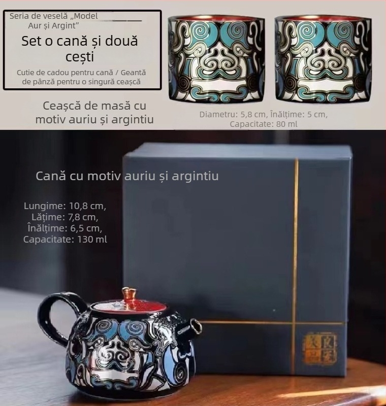 Ceainic ceramic cu glazură aur-argintiu și motiv cu ființă mitică, design retro elegant, dimensiune mică, filtru cu orificii sferice