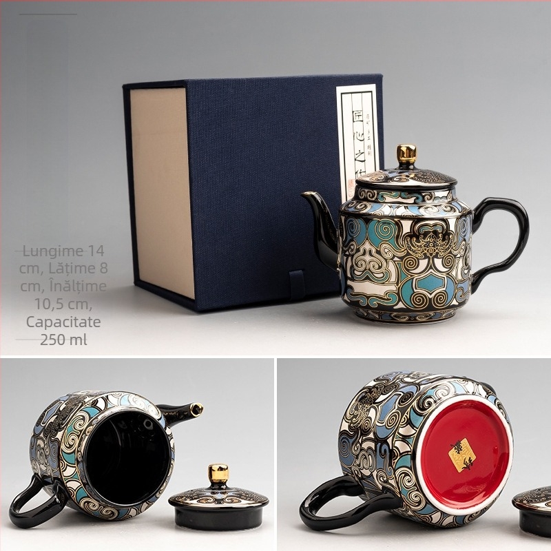 Ceainic ceramic cu glazură aur-argintiu și motiv cu ființă mitică, design retro elegant, dimensiune mică, filtru cu orificii sferice
