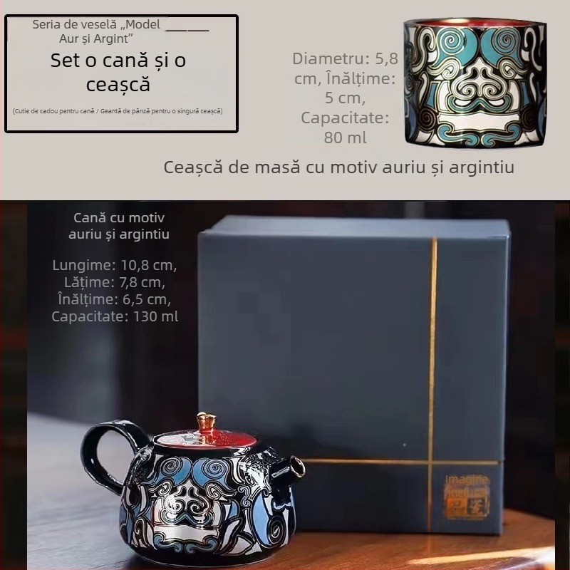 Ceainic ceramic cu glazură aur-argintiu și motiv cu ființă mitică, design retro elegant, dimensiune mică, filtru cu orificii sferice