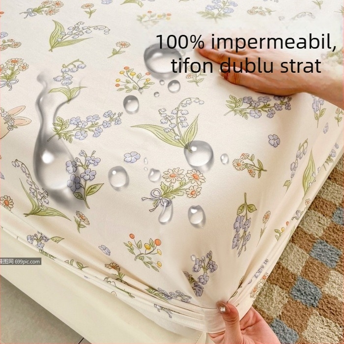 Cearșaf de pat imprimat, impermeabil, cu dublu strat de plasă, margine elastică, lavabil la mașină, pentru toate sezoanele; model cer senin și animale drăguțe; protecție pentru saltea