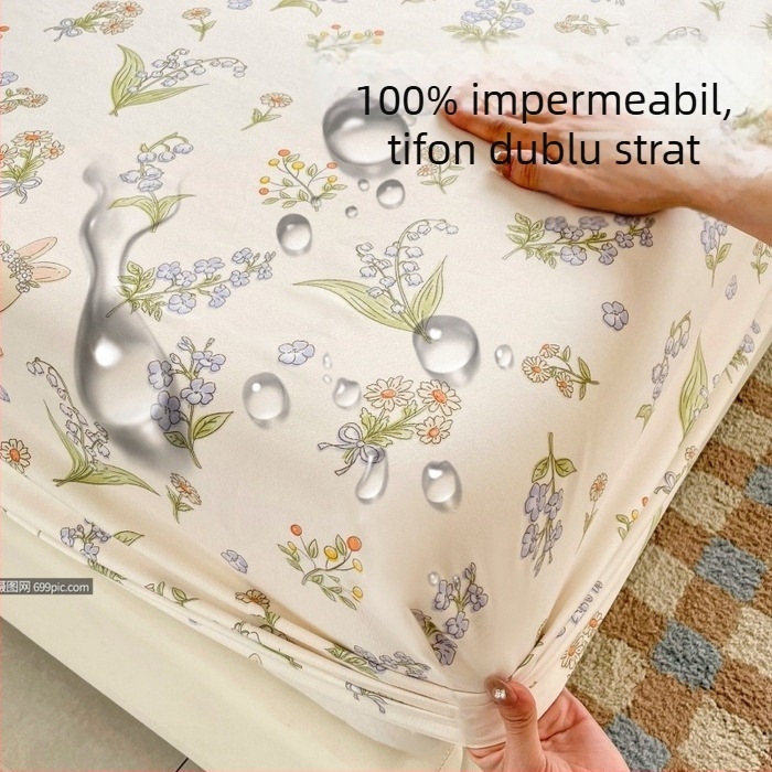 Cearșaf de pat imprimat, impermeabil, cu dublu strat de plasă, margine elastică, lavabil la mașină, pentru toate sezoanele; model cer senin și animale drăguțe; protecție pentru saltea