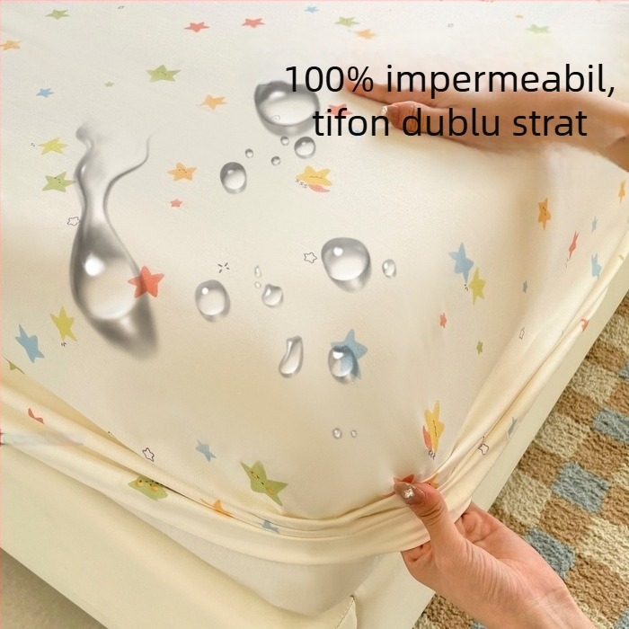 Cearșaf de pat imprimat, impermeabil, cu dublu strat de plasă, margine elastică, lavabil la mașină, pentru toate sezoanele; model cer senin și animale drăguțe; protecție pentru saltea