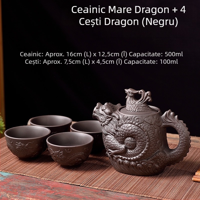 Ceainic chinezesc din lut mov, capacitate mare, dragon și phoenix, set de ceai Kung Fu