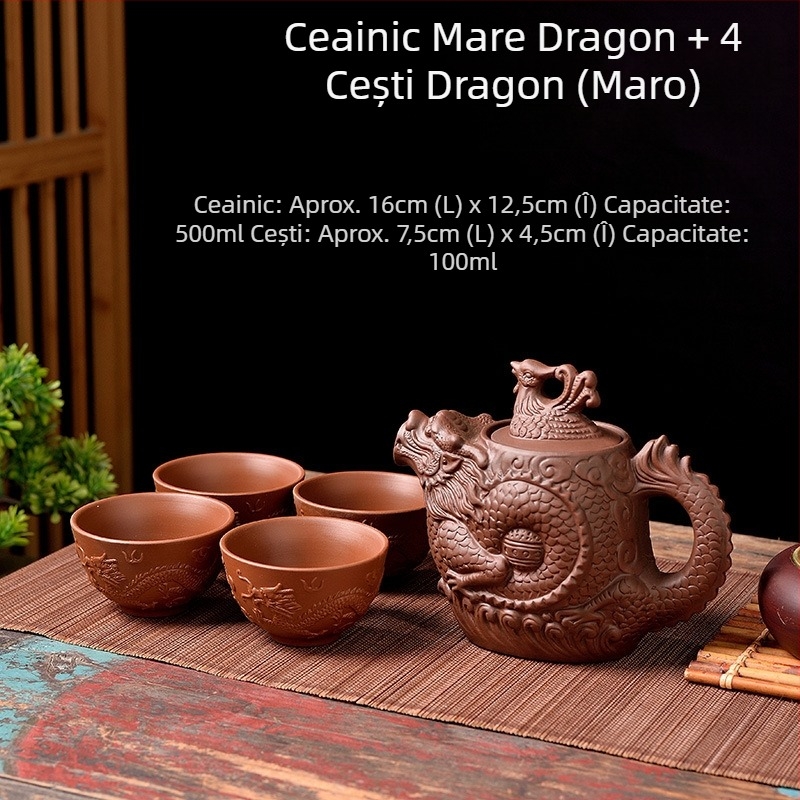 Ceainic chinezesc din lut mov, capacitate mare, dragon și phoenix, set de ceai Kung Fu
