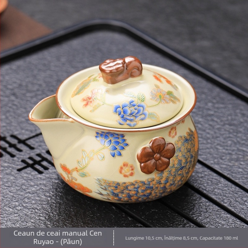 Set Ru Kiln ceainic cu mâner — 1 ceainic și 2 cești, porțelan, cu capac și tavă pentru ceai