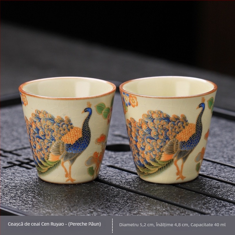 Set Ru Kiln ceainic cu mâner — 1 ceainic și 2 cești, porțelan, cu capac și tavă pentru ceai