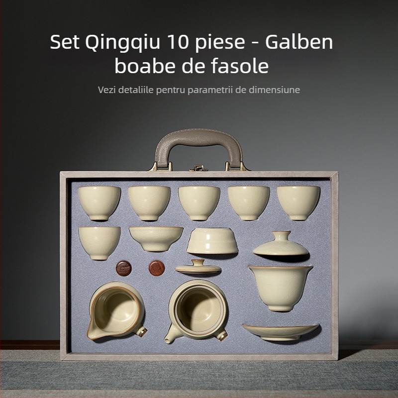 Sifang Pavilion set de ceai Kung Fu cu oală cu mâner lateral din porțelan Ru kiln, cești într-o cutie cadou, lux premium