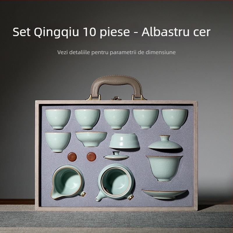 Sifang Pavilion set de ceai Kung Fu cu oală cu mâner lateral din porțelan Ru kiln, cești într-o cutie cadou, lux premium